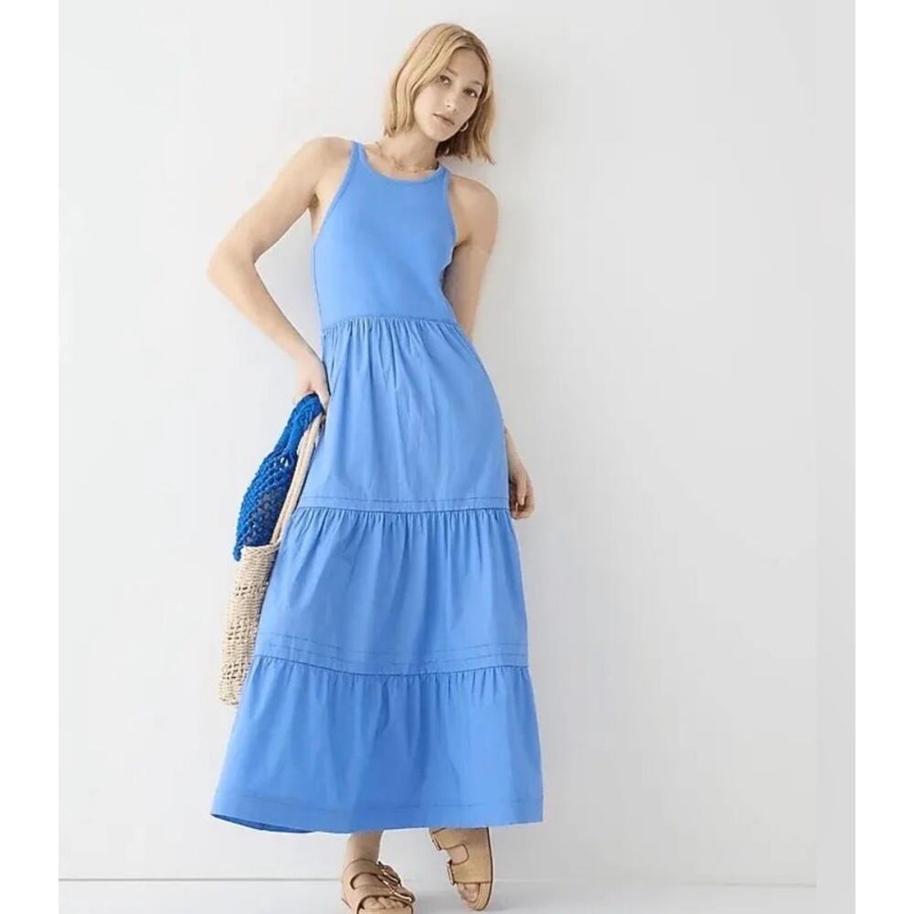 J. Crew Drop Waist Ribbed Scoop Neck Tiered Flowy Maxi Dress Summer Mixed Media